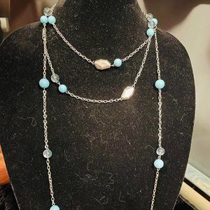 Lightweight and Fun Long Stranded Necklace with Blue and White Beads